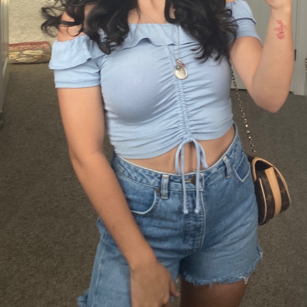 Blue off the shoulder top with adjustable strings